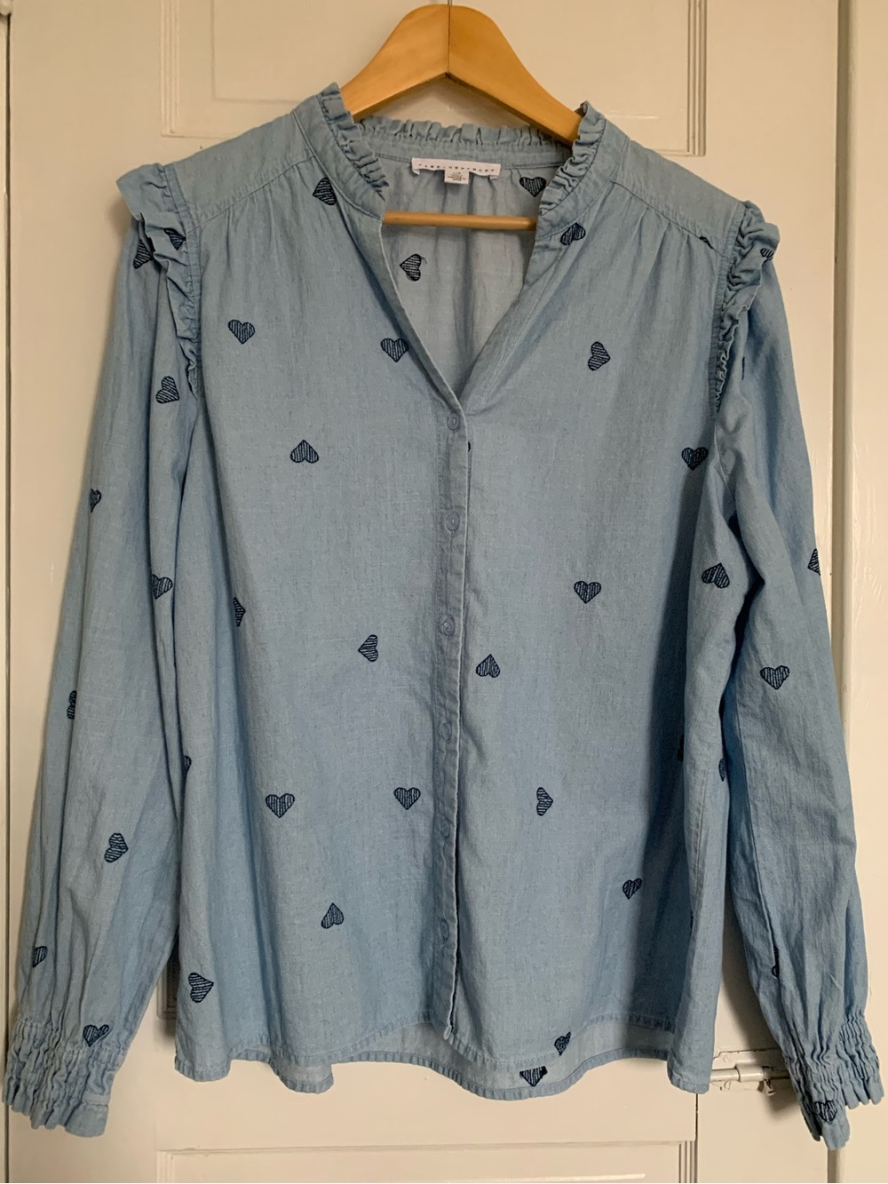 Light Blue Denim Heart-Embroidered Womens Button-Front Top Size L
